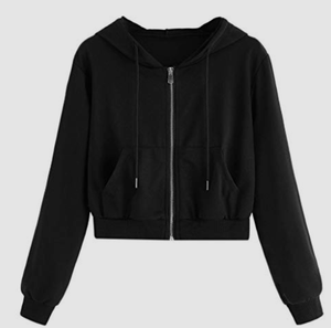 <b>Women</b> Cropped Zip Up Hoodie Plain <b>Black</b> <b>Fleece</b> Sweatshirt Long Sleeve Casual Streetwear - Product Image 1