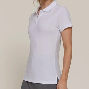 Classic Lapel Collar 3-Button Slightly Slim Fit Side Slit Casual Daily Top <b>Women</b> Solid Pure <b>White</b> Cotton <b>Polo</b> <b>Shirts</b> - Product Image 2
