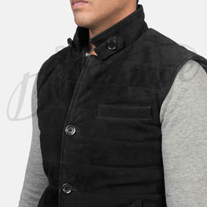 Chaleco acolchado de gamuza negra premium para hombre, con botones, cuello alto, sin mangas, corte ajustado, para invierno. - Product Image 3