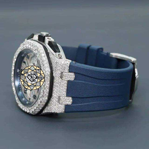 Luxury Antique Lab Diamond Round <b>Case</b> Jewelry Black Rubber Band Style Unisex Stainless Steel Bracelet Limited Edition <b>Watch</b> - Product Image 2