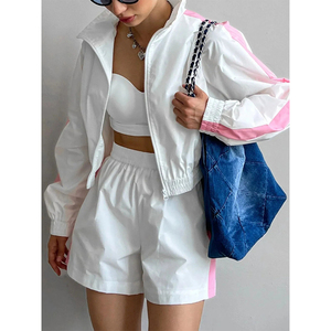 Women's <b>Zip</b> <b>up</b> Long Sleeve Jacket and Shorts Set Color Block Windbreaker Tracksuit 2-Piece <b>Cropped</b> Jacket Shorts Set Daily Wear - Product Image 5