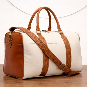 Luxury Canvas <b>Leather</b> Duffel Bag Large Travel Weekender Bag Handmade <b>Tooled</b> <b>Leather</b> Strap Overnight Gym Bag Custom Logo - Product Image 3