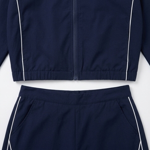 Ensemble de survêtement 2 pièces bleu marine pour femme, col montant, coupe ample sportive, respirant, en polyester tricoté, fabriqué au Pakistan - Product Image 5