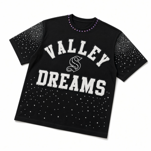 เสื้อยืดแขนสั้นสีดำ Valley Dreams ทรงโอเวอร์ไซส์ ประดับด้วยคริสตัล สไตล์สตรีท สำหรับผู้ชาย คอกลม ผ้าถัก - Product Image 1