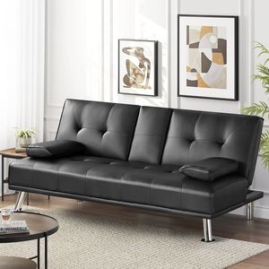 Divano letto moderno Futon in similpelle, con portabicche e cuscini - Product Image 1