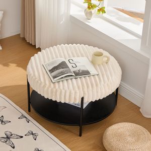 Tavolino da Caffè Rotondo Imbottito Largo 78,5 cm con Ripiano Aperto Effetto Legno e Gambe in Metallo Nero, Poggiapiedi e Sgabello - Product Image 5