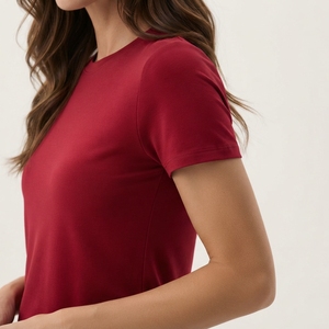 Ensemble de pyjama 2 pièces rouge pour femme, col rond, manches courtes, pantalon large à taille haute avec cordon de serrage, couleur unie, en coton respirant - Product Image 4