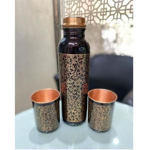 Bohemian Pattern <b>Metal</b> <b>Water</b> <b>Bottle</b> and Cups Set with Copper Trim Portable Drinkware for Travel - Product Image 2