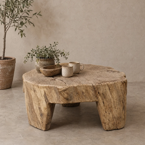 Mesa de Centro Rústica de Tronco de Olmo Macizo, Hecha a Mano, Estilo Tronco Bajo, Madera Natural, para Sala de Estar, Acento Contemporáneo Antiguo - Product Image 1