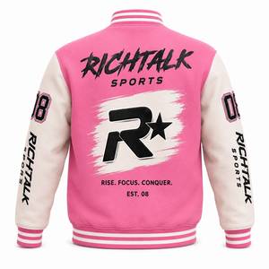 Chaqueta Varsity Unisex Sólida Rosa y Blanca con Letras Bordadas, Estilo Casual, Invierno, Corte Regular, Cierre de Botón Sencillo, Cuello Alto - Product Image 2