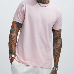 Camiseta de Manga Corta Rosa para Hombre, Cuello Redondo, con Ribete en Contraste, Diseño Liso, Largo Regular, Alta Calidad, Venta al Por Mayor - Product Image 1