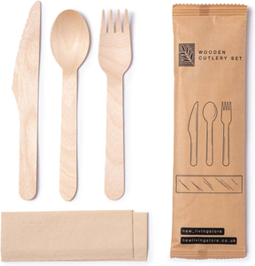 Juego de Cubiertos Desechables de Madera, Cuchillo, Tenedor, Cuchara y Servilleta de 16 cm, Envueltos Individualmente, 16 Unidades - Product Image 3