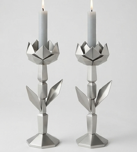 Portavelas Geométrico Facetado de Aluminio, Portavelas Tulipán Plateado, Decoración para el Hogar - Product Image 1