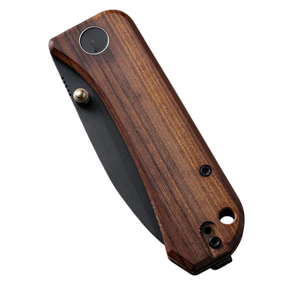 Couteau de poche pliant à manche en bois grainé marron avec lame noire mate et clip métallique, ouverture manuelle compacte pour usage quotidien - Product Image 6