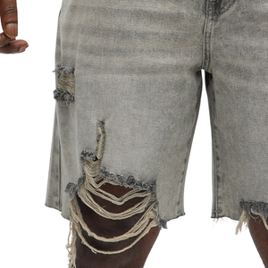 Shorts en jean délavé gris clair pour homme, déchirés et délavés, ourlet brut, décontracté, cinq poches, coupe droite, streetwear d'été, 100% coton, taille moyenne - Product Image 5