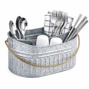 Organisateur de couverts en métal galvanisé à 4 compartiments avec poignée en fil métallique, style vintage, pour rangement de couverts - Product Image 1