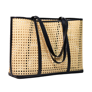 Bolso tote de ratán tejido a mano de lujo con asas de cuero genuino |   Bolsa de Compras para la Playa de Verano |   Bolso de Mano Ecológico de Gran Capacidad - Product Image 5