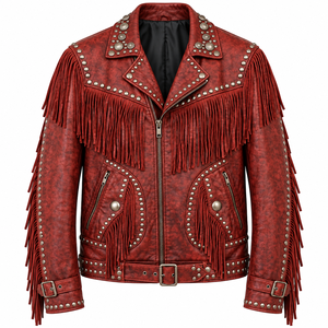 Chaqueta Bomber de Cuero Genuino Roja para Hombre, Estilo Casual, Motociclista, con Borlas y Tachuelas, Cierre de Cremallera, Cuello Camisero, Transpirable - Product Image 1