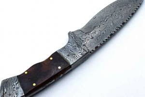 High contrast acid <b>etched</b> damascus steel outdoor heavy prep utility <b>tool</b> with Wood Handle - Product Image 5