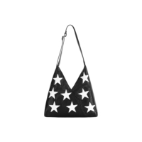 Sac à main de luxe souple et décontracté pour femme en cuir Nappa noir avec patchwork étoiles, fermeture boutonnée, grand format 12 pouces