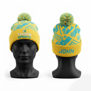 Gorro de Punto de Lana 100% de 320 GSM de Primera Calidad TAISON SPORTS, Amarillo Turquesa, Bordado Personalizado, Jacquard, Pompón, Unisex, Ajustable - Product Image 1