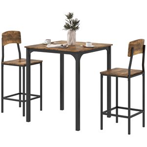 Juego de Comedor Rústico Marrón y Negro de 3 Piezas, Mesa Cuadrada de Bar con 2 Taburetes para Cocina Pequeña o Uso en Bar - Product Image 1