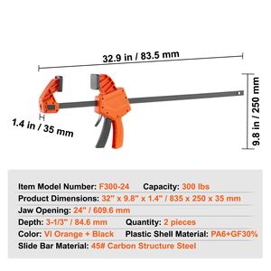 Lot de 2 serres-joints de menuiserie à une main de 24 po et écarteurs, serre-joint rapide type F, capacité de charge de 300 lb, en bois haute résistance - Product Image 4