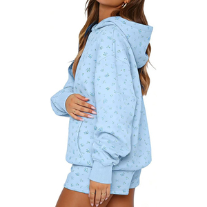 Conjunto de Sudadera con Capucha y Pantalones Cortos con Estampado Floral Personalizado para Mujer, Corte Regular Informal, 2 Piezas, Tejido de Rizo Ecológico y Transpirable, para Primavera - Product Image 6