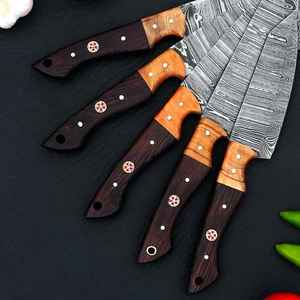 Juego de Cuchillos de Cocina Profesionales de 5 Piezas de Acero de Damasco Hechos a Mano con Bolsa de Cuero, OEM, OBM, Venta al por Mayor, Uso en Cocina, Ecológico - Product Image 5