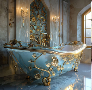 Bañera rústica de cobre envuelta en hierro forjado negro con delicados capullos rosas, disponible a precios de mayorista. - Product Image 4