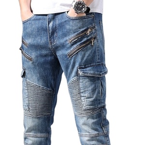Jeans de Mezclilla Cargo para Hombre, Color Azul Sólido, Corte Ajustado, Cintura Media, Estilo Motociclista, con Cierres y Bolsillos, para Otoño, Tela de Algodón - Product Image 2