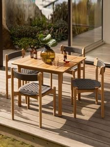 Ensemble de table de jardin en teck d'extérieur avec chaises tressées, mobilier de salle à manger pour patio, sièges en bois pour balcon - Product Image 2