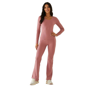 Hauts de yoga pour femmes à manches longues, antibactériens, écologiques, respirants, séchage rapide, en Spandex/Nylon, coupe ajustée, col rond, devant uni - Product Image 1