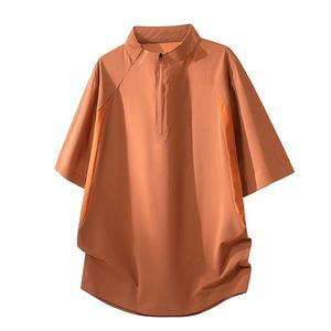 T-shirt court pour homme, noir, col montant, fermeture éclair sur la manche, coupe droite, sportif, en polyester/coton 180g, séchage rapide, tricoté, couleur unie - Product Image 2
