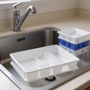 Scolapiatti in plastica quadrato impilabile con vassoio di drenaggio per lavello da cucina, bianco e blu - Product Image 3