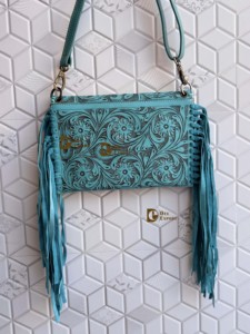 Nuevo diseñador de mano Tooled Fringe bolso de cuero real tallado a mano herramientas Color turquesa Sling Bag Western bolsos elegantes - Product Image 4