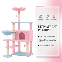 Arbre à chat moderne en sisal multi-niveaux, rose et bleu, avec fleurs, meuble d'intérieur pour animaux, condo amovible et durable en carton