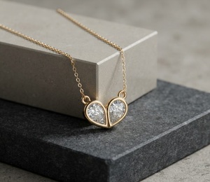 Collar de Corazones Dobles de Alta Calidad en Plata de Ley 9KT 10KT 14KT 18KT con Diamantes Naturales y Cultivados en Laboratorio, Joyería de Regalo para Mujer - Product Image 1