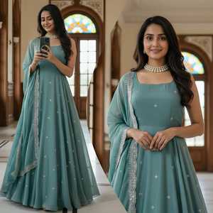 คอลเลคชั่นชุดเดรส Anarkali สำหรับงานปาร์ตี้และงานเทศกาลสำหรับผู้หญิงรุ่นล่าสุด ผ้าซาตินไหมแท้ พร้อมงานปักเลื่อม - Product Image 2