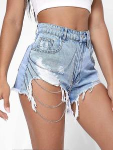 Women's High Waist Denim Shorts Asymmetric Ripped Chain <b>Decor</b> Distressed <b>Summer</b> Style - Product Image 6