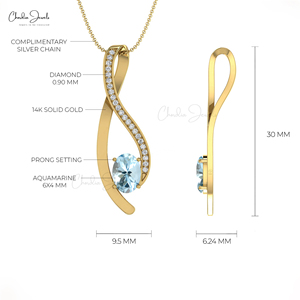 จี้ทองคำแท้ 14k ลายเกลียว ประดับพลอยอะความารีน 6x4 มม. แบบฝังหนามเตย และประดับเพชร  ผู้จัดจำหน่ายขายส่งชั้นนำ - Product Image 4