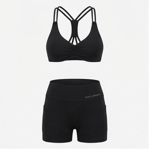 North Approach 2 Piece Yoga Set Black Crisscross Strap Sports <b>Bra</b> High Waist Shorts With Pockets Breathable Seamless Workout - Product Image 1