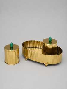 Gold Plated Zinc Alloy Storage <b>Basket</b> Ribbed Metal Organizer Tray <b>with</b> <b>Lid</b> Decorative Home Decor - Product Image 1