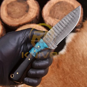 Cuchillo de caza de hoja fija de acero de Damasco RB Knives, punta de cuchillo tipo Drop Point, mango de resina, funda de cuero, 8 pulgadas, grado industrial/DIY RB-H549 - Product Image 4