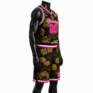 Ensemble de maillots de basket personnalisés unisexe, imprimé floral sublimé, 100% polyester respirant, débardeur à col en V, short à taille élastique - Product Image 5
