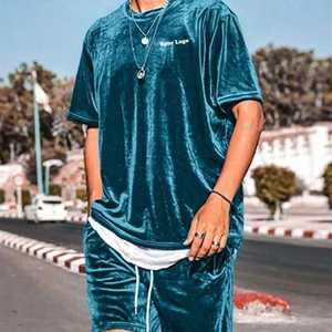 ACTIVE SPORTSWEAR Conjunto de Dos Piezas Personalizado de Primavera Casual con Cuello Redondo, Manga Corta, Holgado, Transpirable, para Hombre, de Terciopelo, con Pantalones Cortos Lisos de Talla Grande - Product Image 3