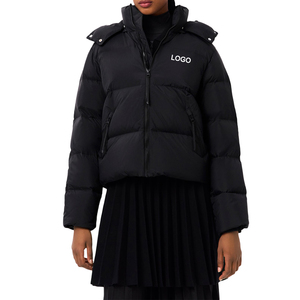 Chaqueta Acolchada Transpirable Negra para Mujer, Manga Larga, con Capucha, Cierre de Cremallera, Color Sólido, Ropa de Invierno, Relleno de Poliéster Tejido, con Logotipo - Product Image 1