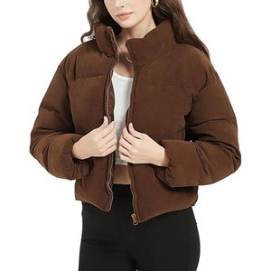 Chaqueta Acolchada de Pana Marrón para Mujer, Cuello Alto, Manga Larga, Cierre de Cremallera, Abrigo Corto Acolchado Cálido para Invierno - Product Image 1