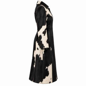 <b>Black</b> White Cow Hair Leather Duster Trench <b>Coat</b> <b>Womens</b> Concealed Zip Long Outwear Custom Manufacturer - Product Image 3