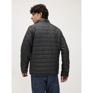 Men's <b>Black</b> Puffer <b>Jacket</b> Stand Collar Zipper Closure Casual Winter Outerwear Polyester Wadding Slim Fit Regular Length - Product Image 2